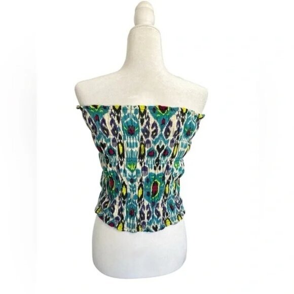Anthropologie Green Ikat Print Smocked Tube Top - Picture 4 of 6